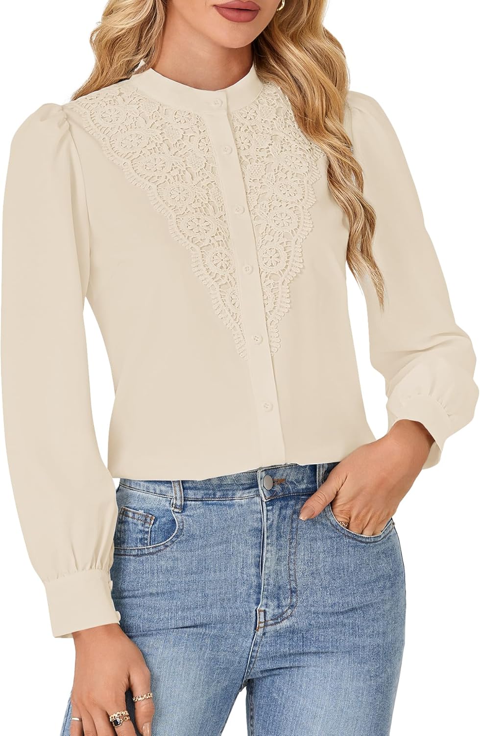 Rooscier Women's Lace Mock Long Sleeve Button Down Elegant Blouse Shirt Top Fall Clothes - Image 4