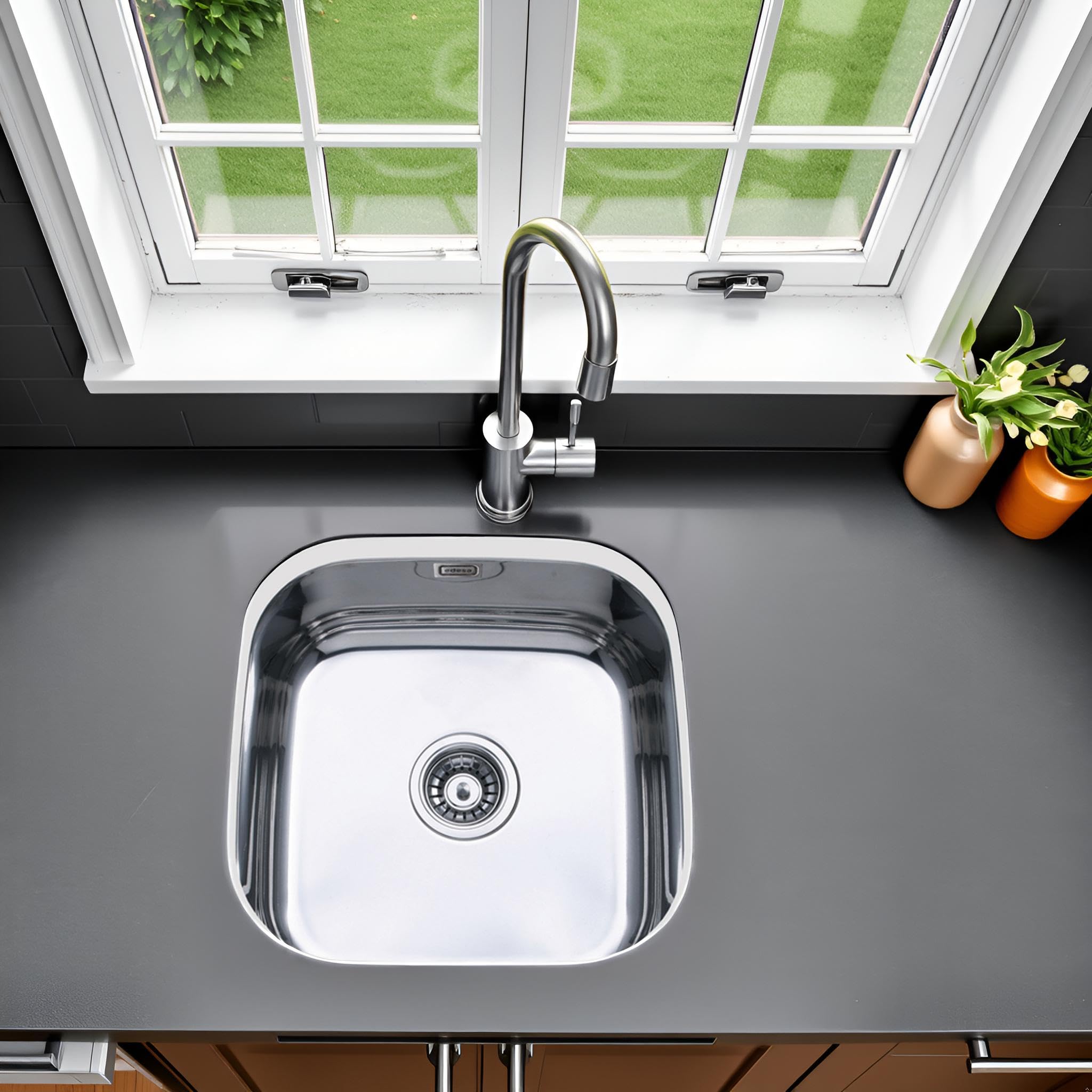 EDESA Fregadero FUJI BE 40X40 1C PLUS/A Bajo Encimera Acero Inoxidable 1 Cubeta Cuadrada Base Fonoabsorbente Instalación Mueble 45 CM Acabado Inox