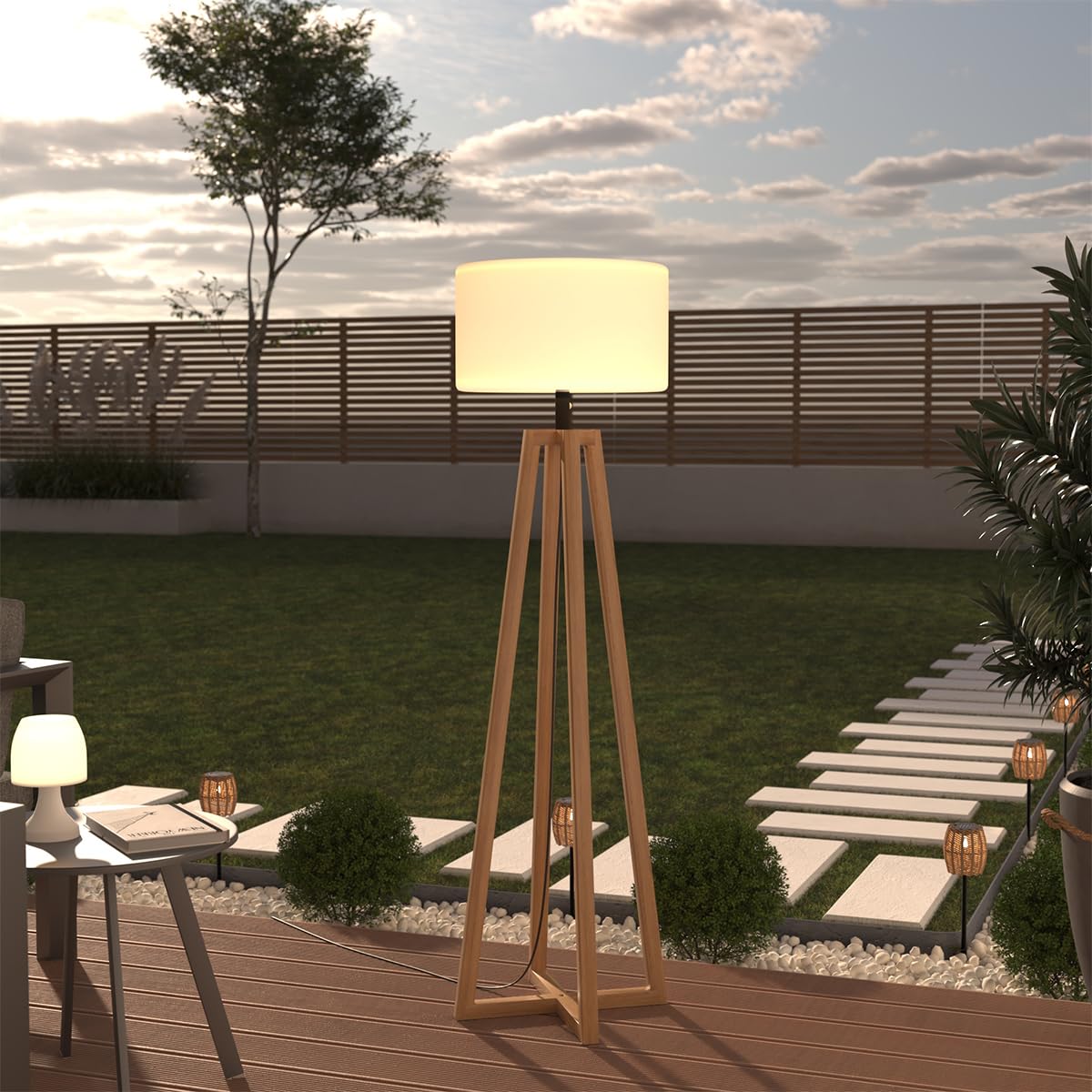 Atmosphera Lámpara de pie de exterior matia, madera de acacia, blanca, a148 cm