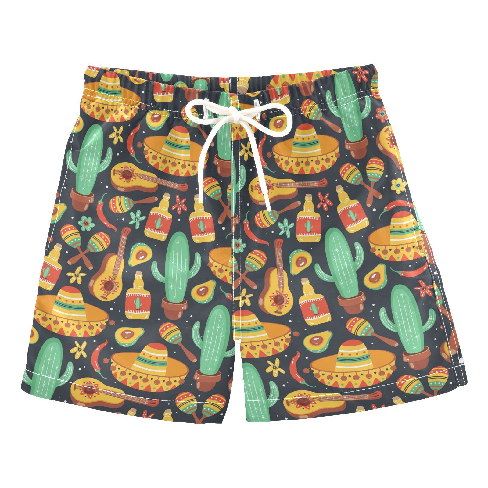 Aflyko Boys' Board Shorts Mexican Chili Cactus Guitar Kid Swim Trunk Girls Beach Bathing Suit M