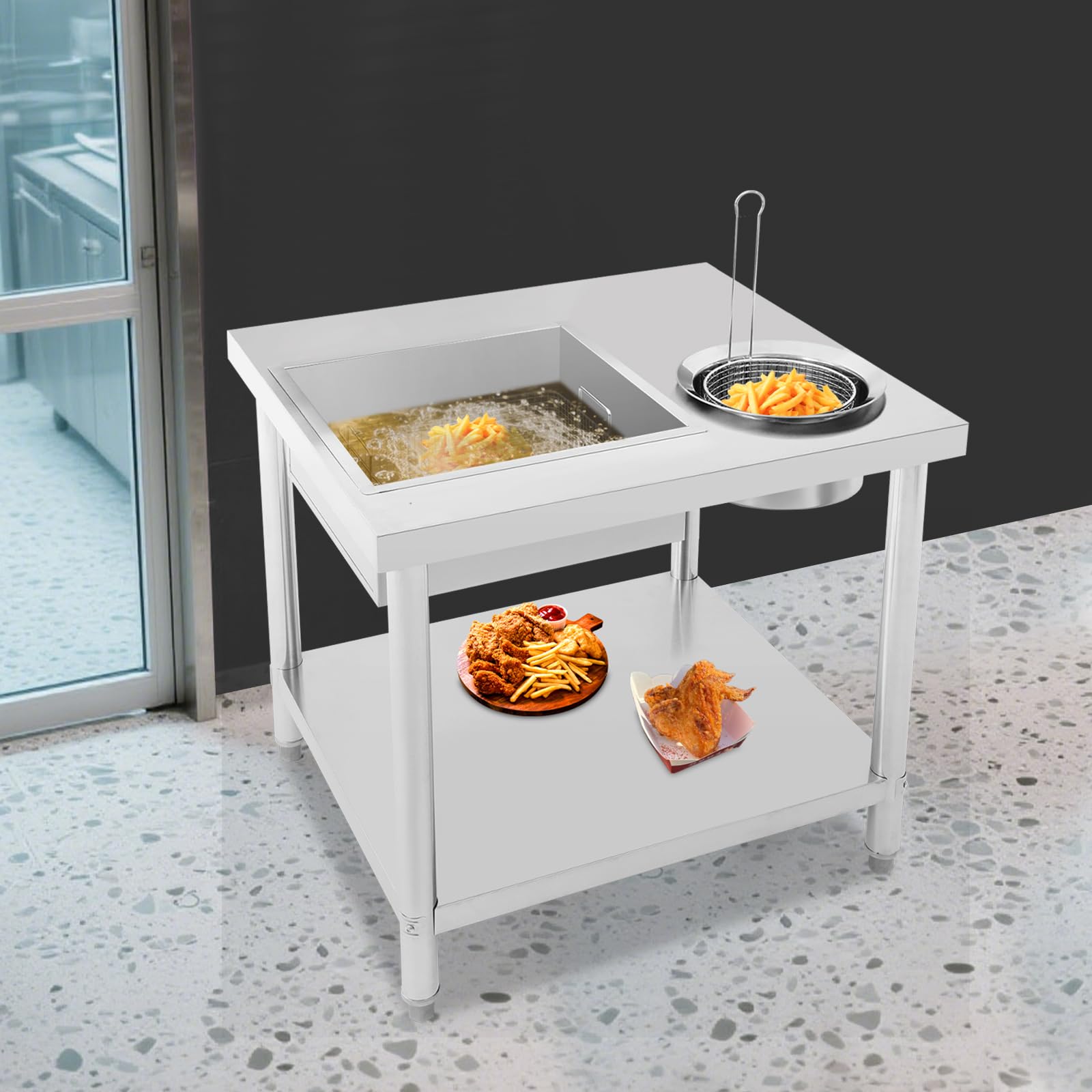 Mesa de empanado de acero inoxidable con cestas dobles y ajuste de altura – Estación de preparación eficiente para pollo asado, pepitas de pollo y fritos – Incluye recipiente, estante inferior para