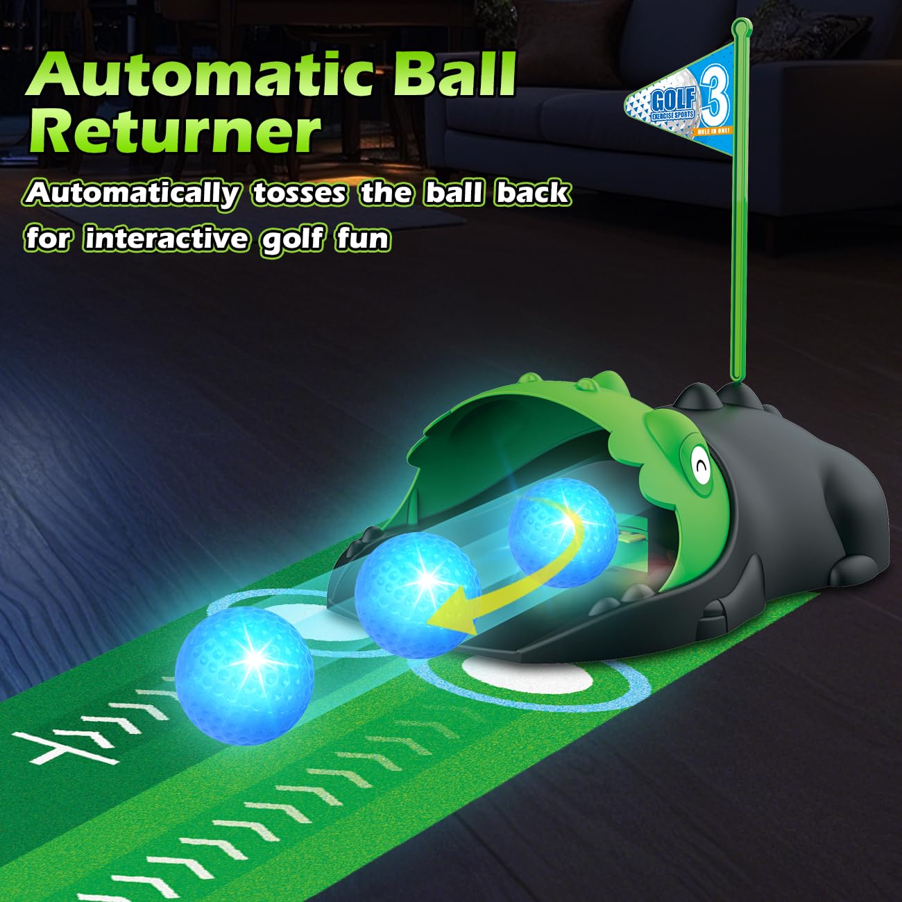 TERRAMUS Set da Golf 3 in 1 per Bambini con Ritorno Automatico Golf Dinosaursco, Tavolo da Golf Cornhole,Palline Luminose al LED,Tappeto per Il Putting,Mini Giochi di Golf,Regalo per Bambini 3-8 Anni