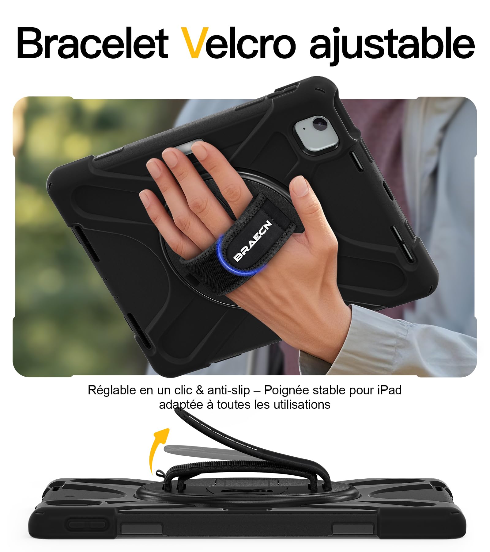 BRAECN pour Coque iPad Air 11 Pouces 2026 M4/2025 M3/2024 M2, Étui de Robuste avec Film Protection, Support Rotatif à 360°et Dragonne, Bandoulière, Porte-Stylet, Noir
