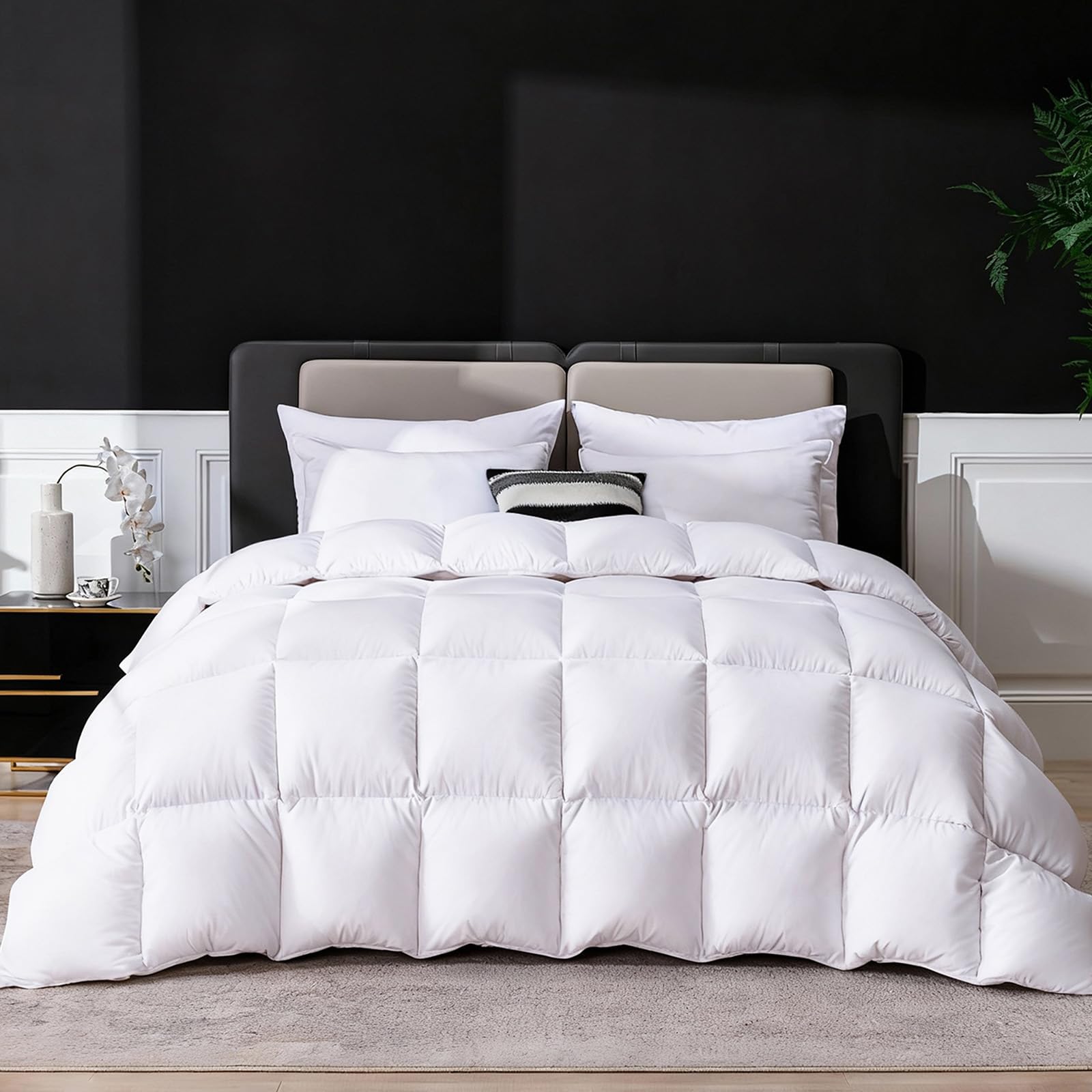 LESNNCIER Luxury Goose Feathers Down Comforter Queen Size, 750 FP Fluffy All Season Duvet Insert Queen, Ultra-Soft Hotel Bedding Comforter with Sorona Fill (White, 90x90 Inches)