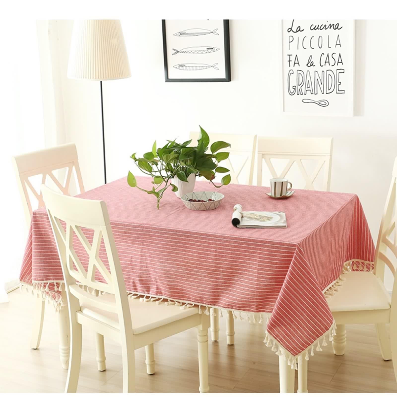 Copritavolo Rettangolare Mollettone, Tovaglia Rossa Moderna Cotone Lino Banda Decorativa 140X180CM per Soggiorno Cucina