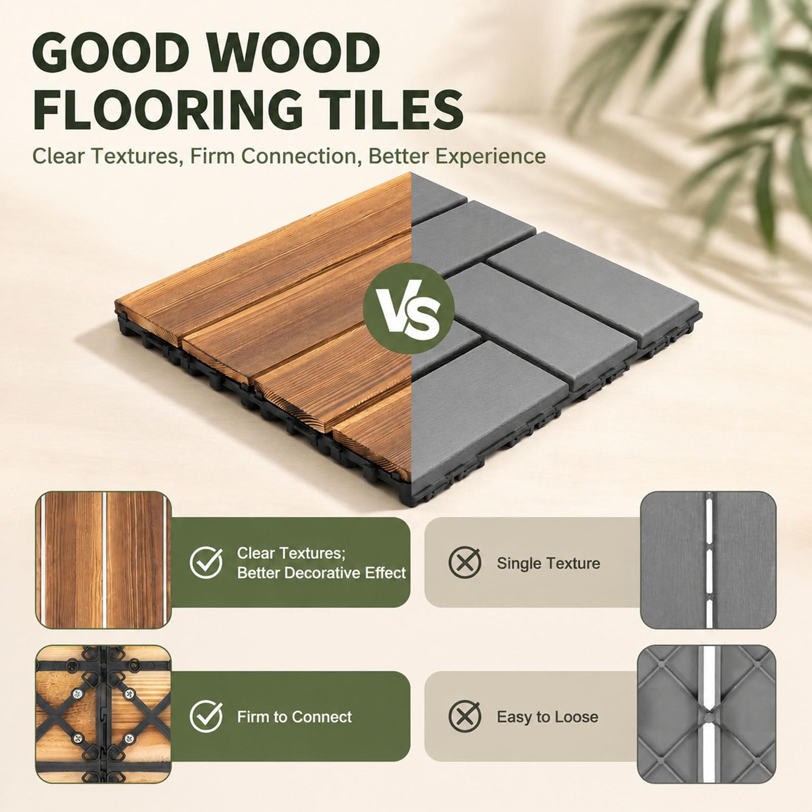 Piastrelle per pavimentazione in Legno di Acacia con Base in PE 12-Slat-33pc | Pavimentazione a incastro 30x30 cm con sistema "click"; piastrelle in legno antiscivolo per esterni (giardini e terrazzi)