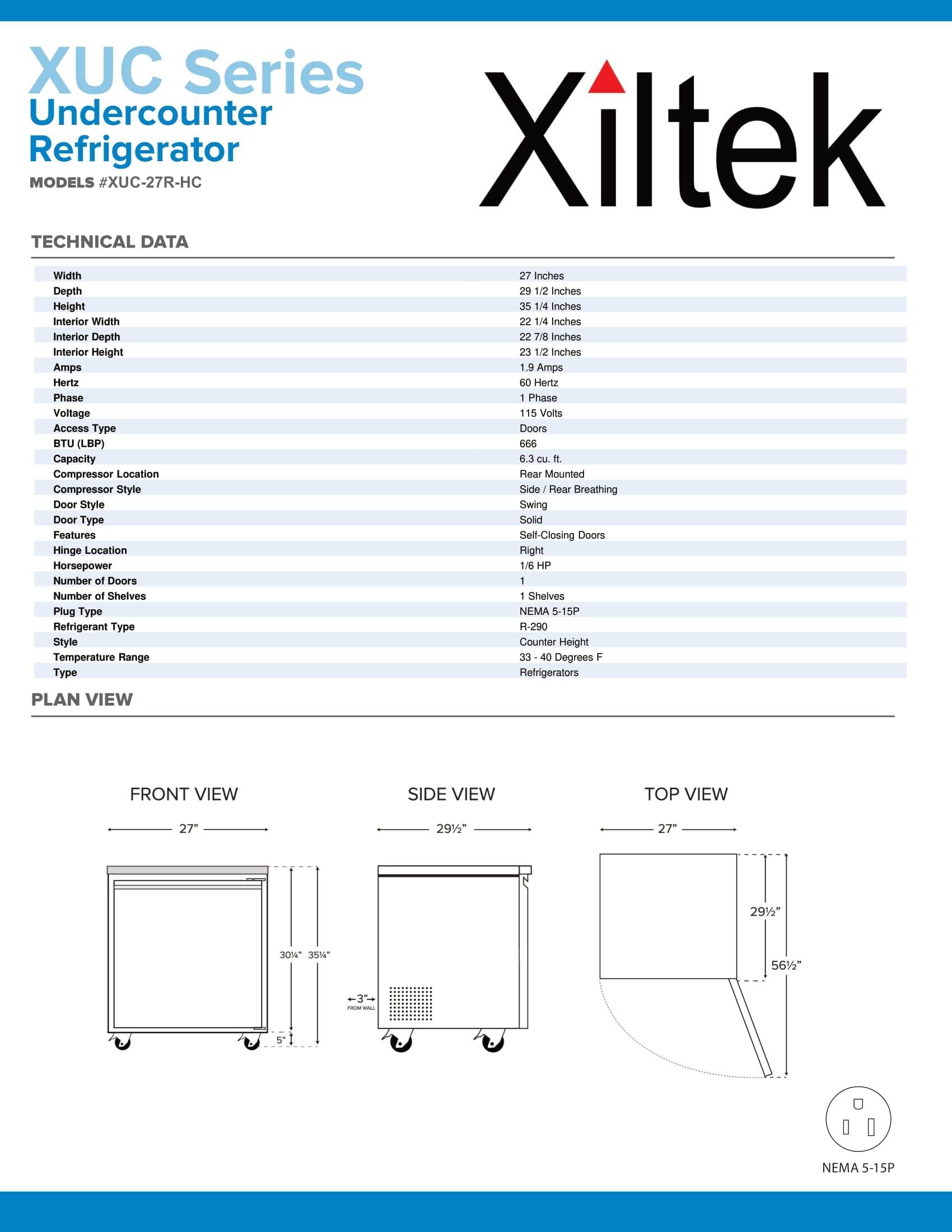 Xiltek New 27" One Stainless Steel Door Commercial Undercounter Refrigerator on Fridge.com - View 3
