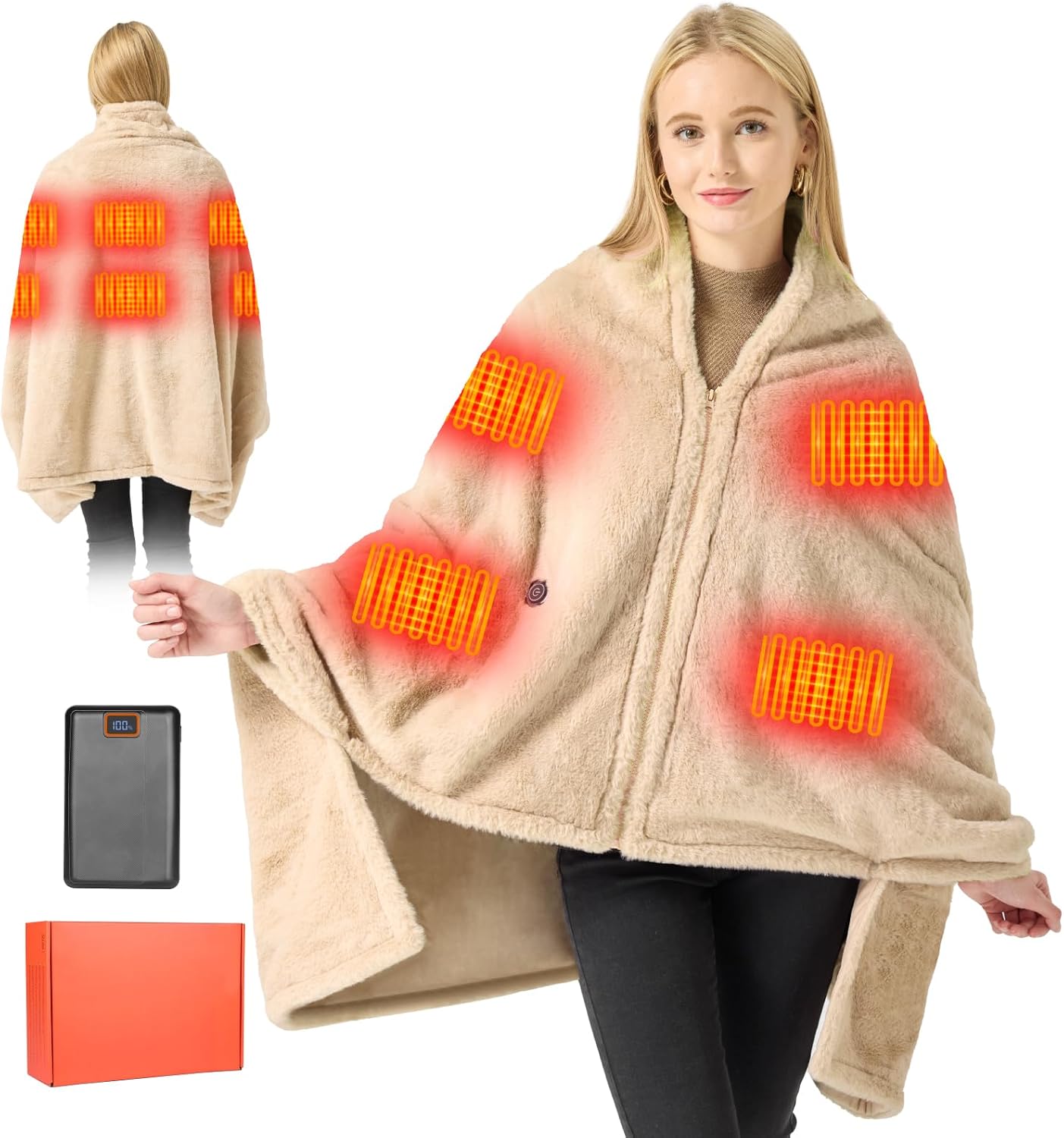 Heated Throw Blanket, Graphene Electric Heated Shawl, 20000mAh 7.4V Battery Operated, Fast Heating with 3 Temperature Levels Portable Heated Blanket, Wearable Cordless Heated Wrap (Khaki)
