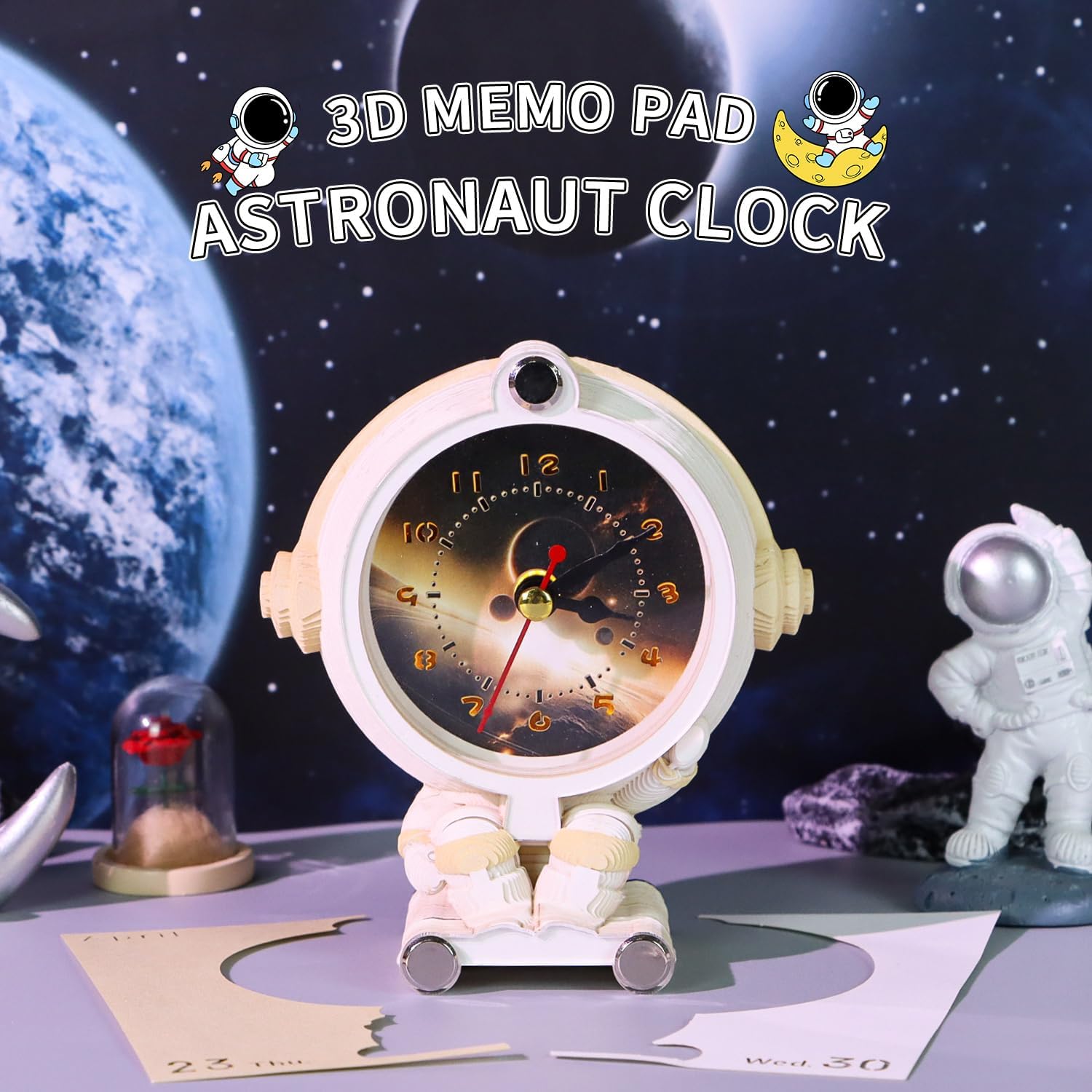 3-in-1 3D Paper Sculpture Art Memo Pad Calendar & Clock, 3D Astronaut Clock 2026 Desk Time Piece Calendar Memo Pad, Unique Office Desk Decor Gift for Colleagues & Friends