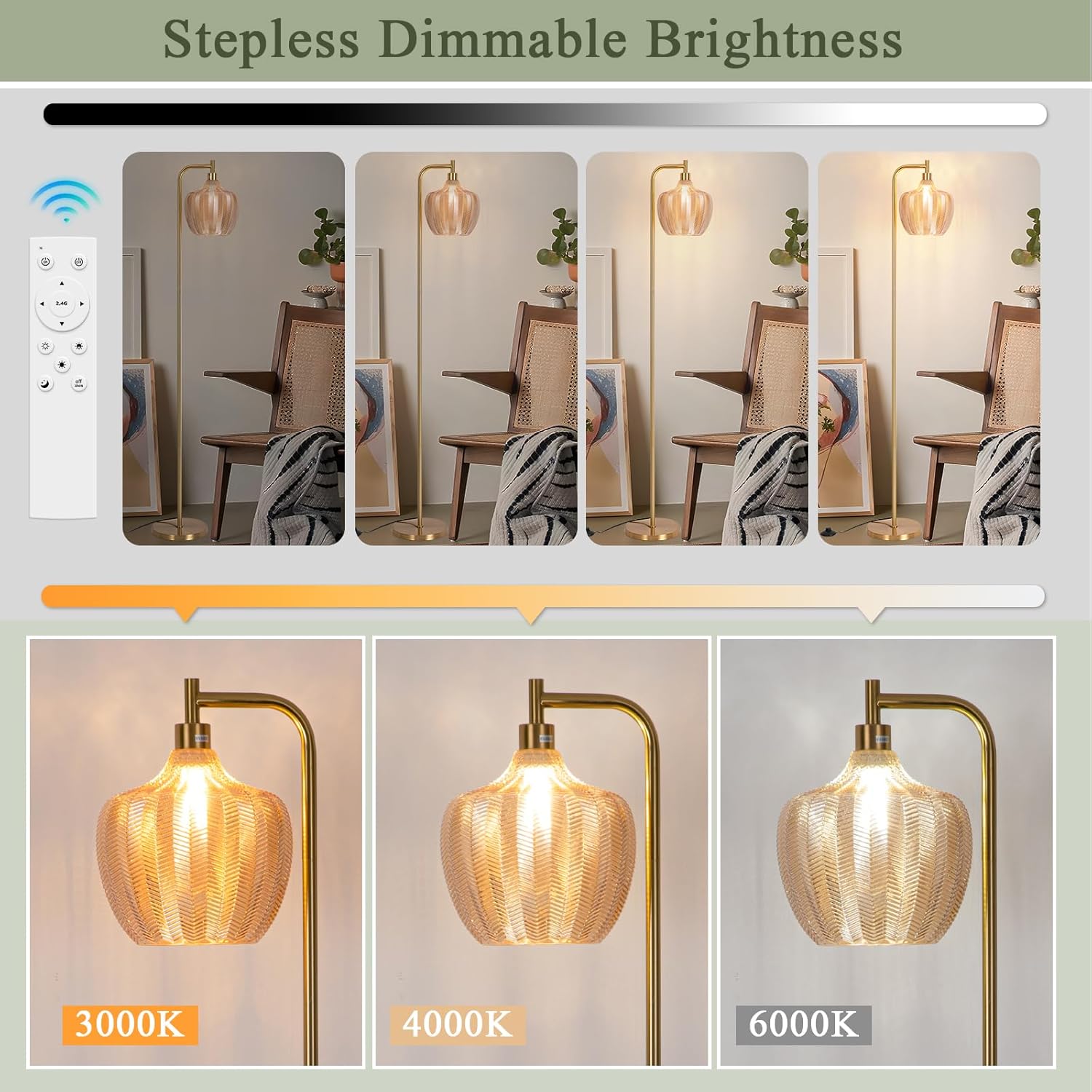 Gold Floor Lamp for Living Room, Modern Stained Glass Standing Lamp with Remote, Dimmable Amber Lampshade Tall Floor Lamps, Mid Century Vintage Floor Light for Bedroom Study Room Office (Amber)