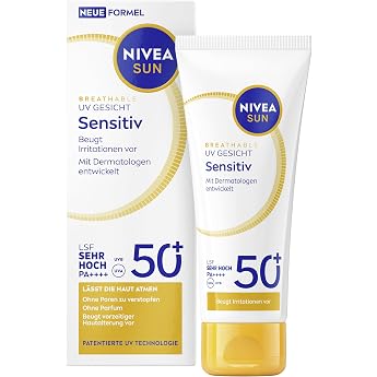 NIVEA SUN Sun Protection SPF 50+ Fragrance-Free Face Cream for Sensitive Skin Breathable Sun Cream with 98% UVB Protection Breathable UV Face Sensitive 40 ml