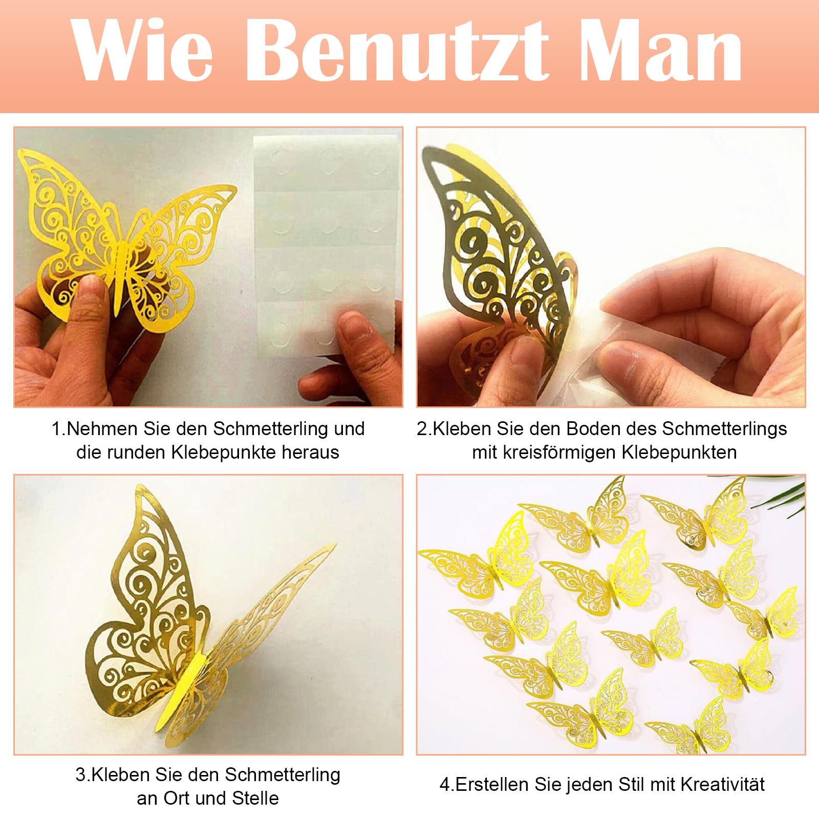 36 Farfalle 3D Oro Metallizzato Per Decorazione Parete – Set Con 3 Misure (8, 10, 12 Cm) Per Matrimoni, Festa, Cameretta