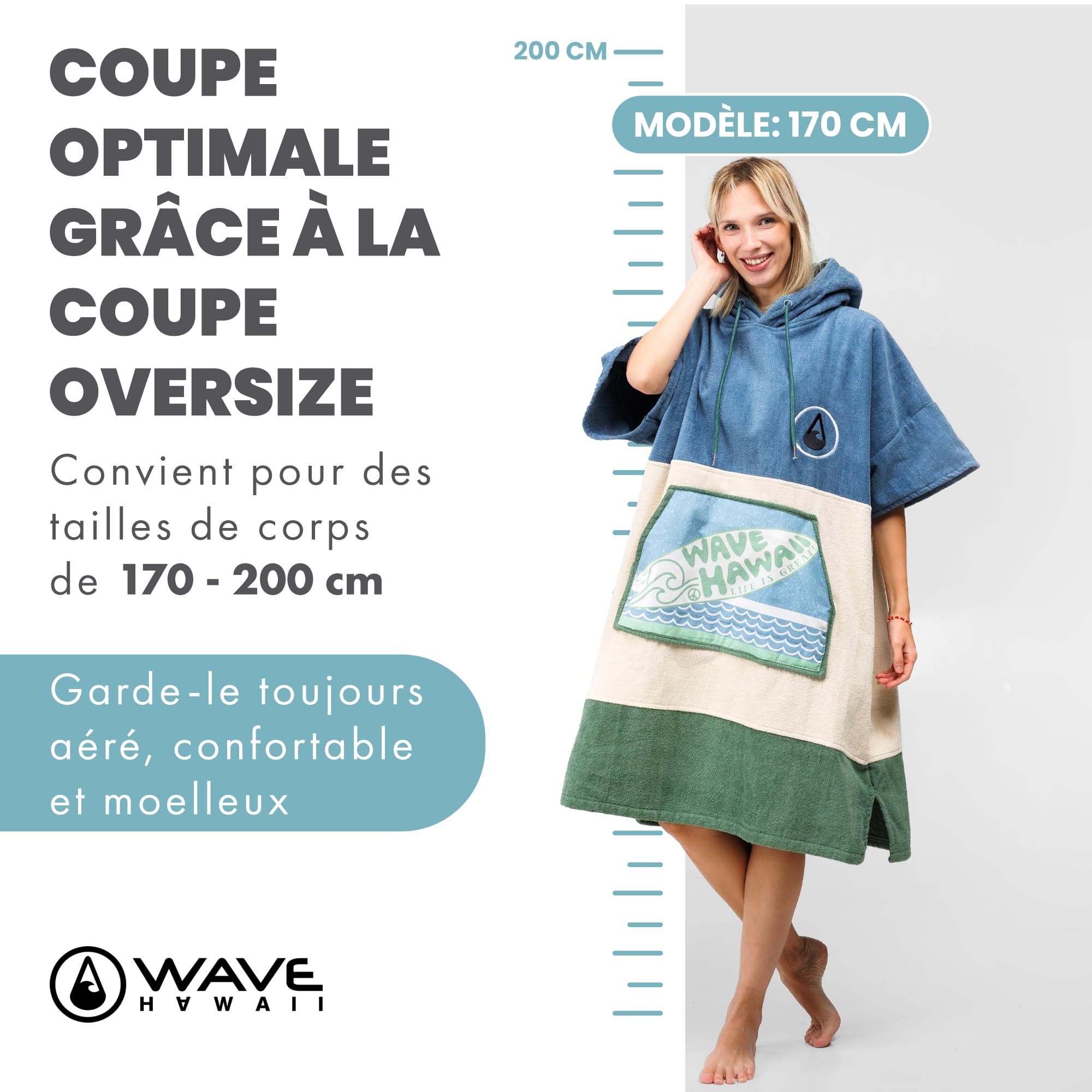 WAVE HAWAII Poncho de bain pour homme et femme - Taille L - 170 à 200 cm - Poncho de surf en coton - Serviette éponge avec haute absorption d'eau - Aide au déménagement pour la plage et les