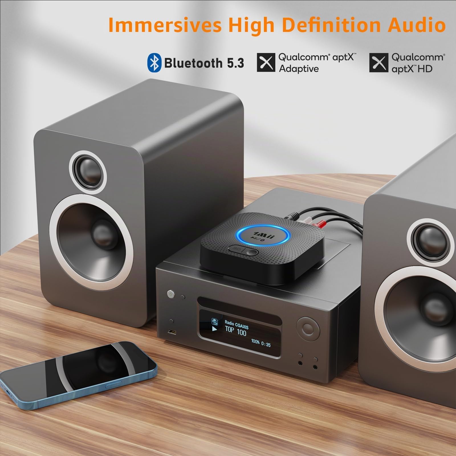 1Mii B06 Plus Bluetooth HiFi Empfänger, Drahtloser Audio Adapter, aptX HD aptX-Adaptive Bluetooth 5.3 Receiver mit 3D Surround arbeitet mit Smartphones und Tablets für Stereoanlage Lautsprecher