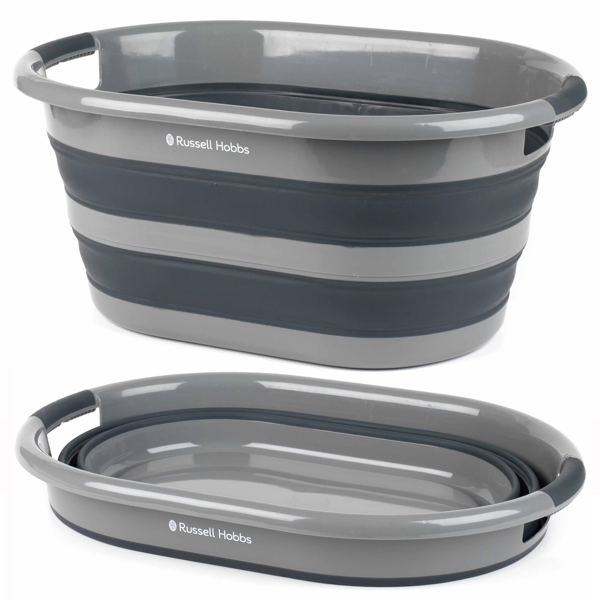 Russell Hobbs COMBO-5142 Set of 2 Collapsible Laundry Baskets – Large 27L Clothes Hamper Bin, Silicone Easy Grip Handles, Foldable Space Saving Washing Tub, Portable, Indoor/Outdoor, Camping, Grey
