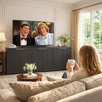 67" Black Fluted TV Stand for TVs up to 75",Wide Media Console with 6 Doors, Stylish Entertainment Center with Storage Cabinets,Long Storage Console Table for Hallway, Living Room,Bedroom