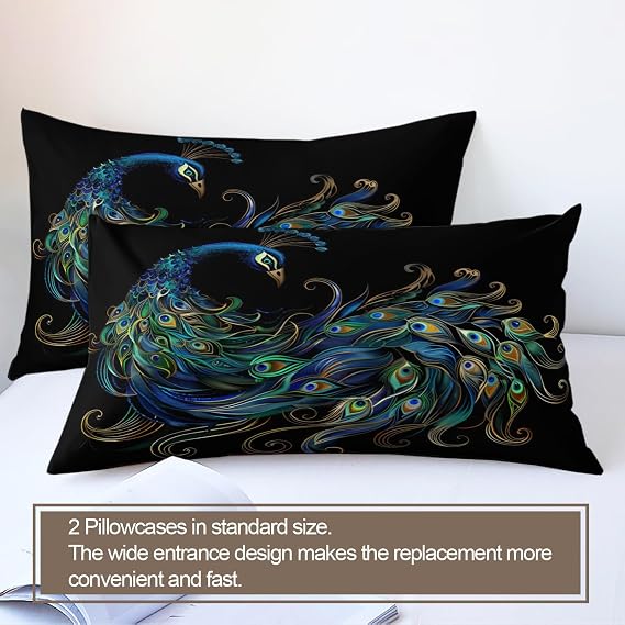 Peacock Bedding Sets, Green Feathers Duvet Covers for Boys Girls Teens, 3D Animal Print Duvet Covers Bedroom Collection 3 Piece Set Full Size - Blue Green