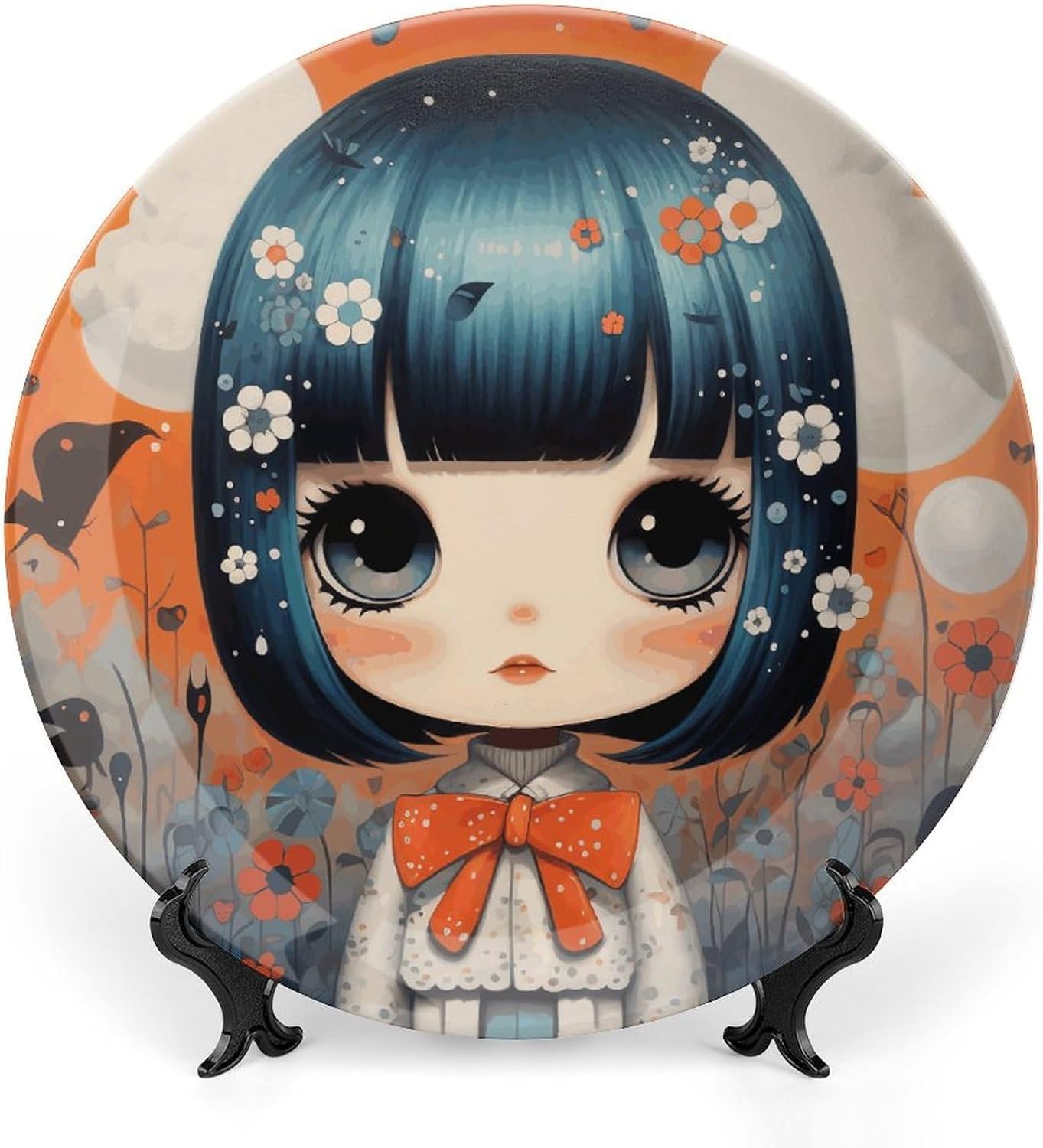 Anime Pictures Bone China Decorative Plate for Home Decor, Round Ceramic Decorative Dish with Stand Hook, Wall Hanging Ornament Plates for Office, Porcelain Plates 8inch