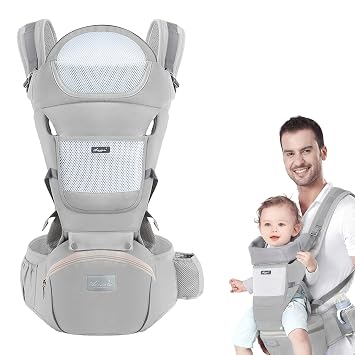 Baby Carrier with Hip Seat, Multi-Functional 9 in 1 Baby Wrap Carrier Newborn to Toddler for All Seasons Ergonomic Baby Sling Carrier Hands Free Baby Backpack Carrier 7-45 lbs Grey