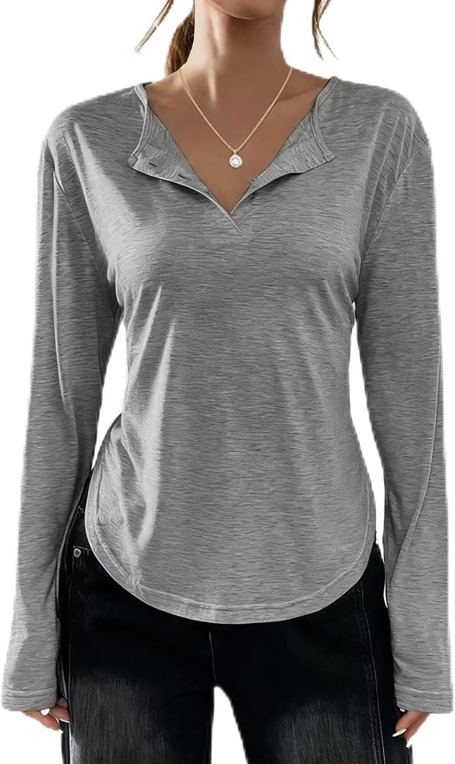 Women's Button-Front Long-Sleeve T-Shirt Curved Hem 2025 Fashion Top
