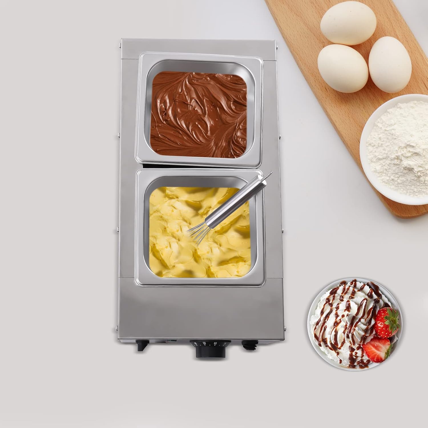 Chocolate Melting Pot, 800W 6L/1.5Gal Electric Chocolate Tempering Machine, Stainless Steel Commercial Chocolate Melter Food Warmer for Catering Restaurant Party, 2 Tanks, 86-185℉