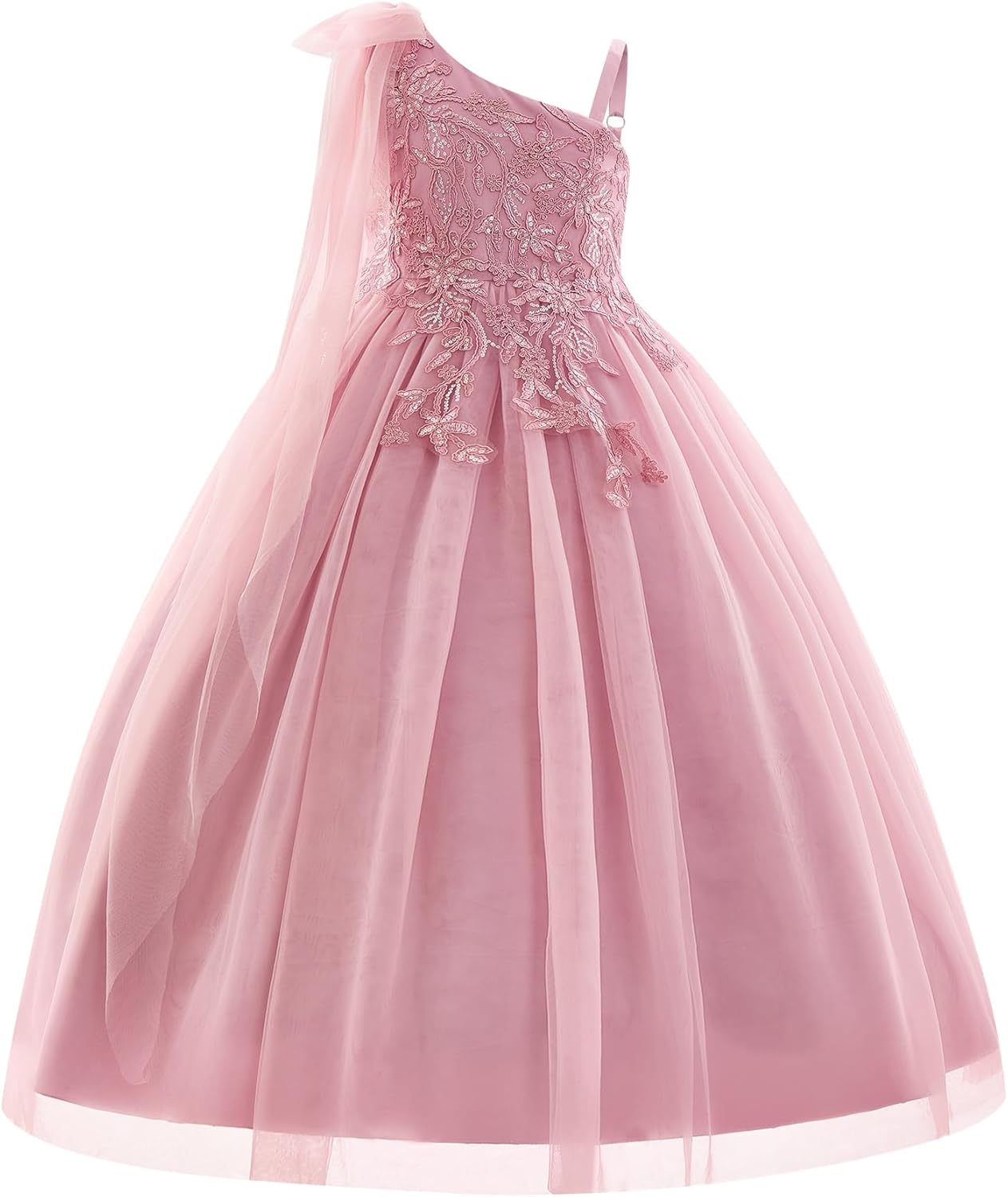 IBTOM CASTLE Girls One Shoulder Floral Applique Tulle Flower Girl Dresses for Wedding Pageant Formal Party 5-14Y