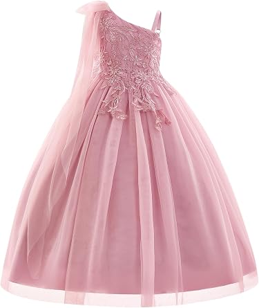 IBTOM CASTLE Girls One Shoulder Floral Applique Tulle Flower Girl Dresses for Wedding Pageant Formal Party 5-14Y