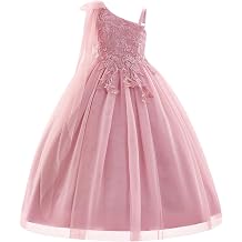IBTOM CASTLE Girls One Shoulder Floral Applique Tulle Flower Girl Dresses for Wedding Pageant Formal Party 5-14Y
