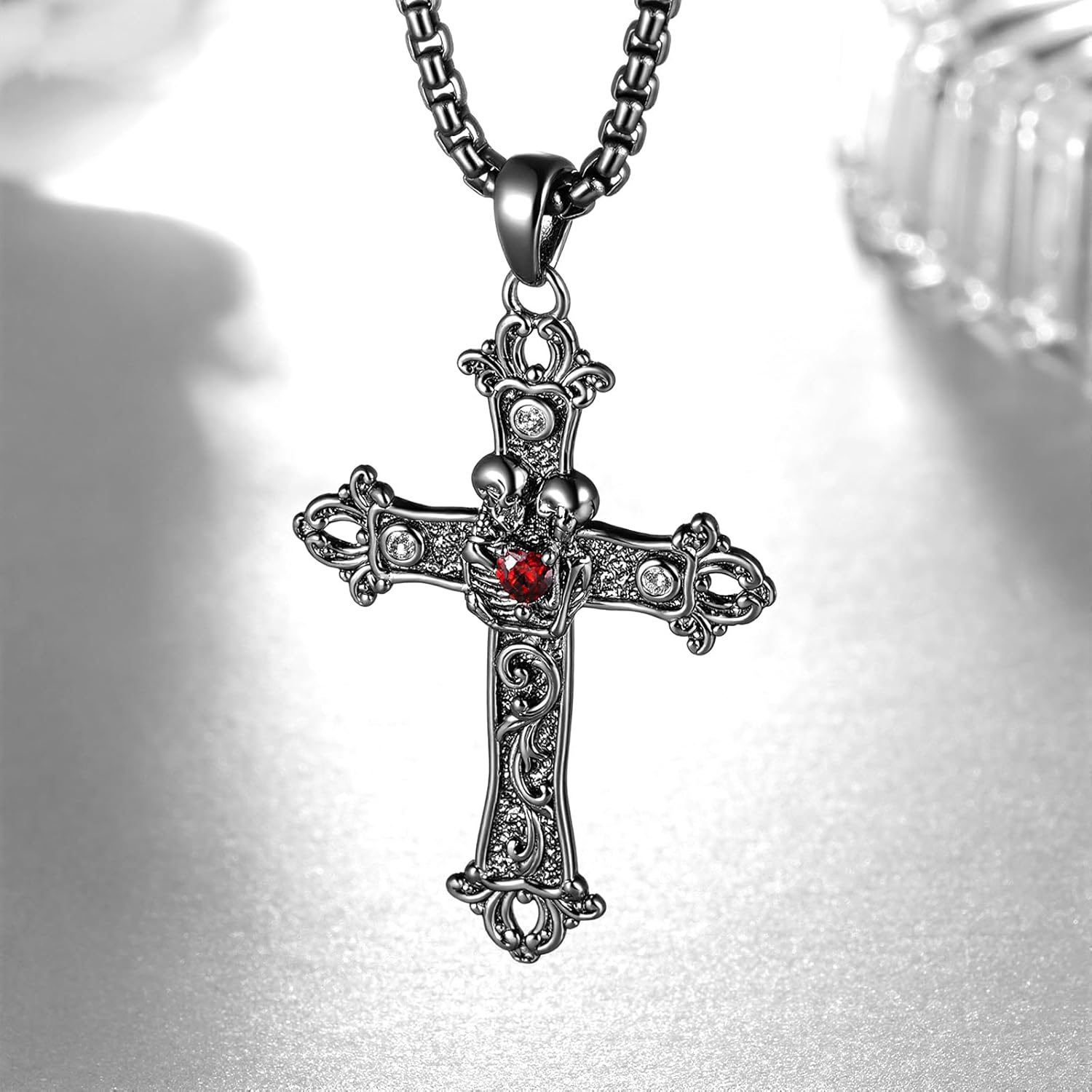 Skull Necklace for Women Men 925 Sterling Silver Cross Gothic Necklace Halloween Jewelry Gifts for Women Couples - Image 2