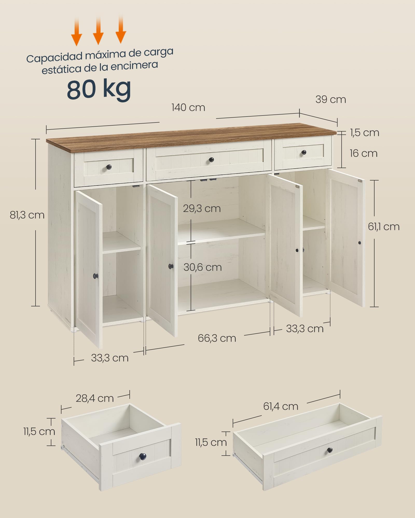 SONGMICS HOME Aparador, Montaje Súper Rápido Sin Herramientas Toolless, Mueble de Cocina con Encimera, Estantes Ajustables, Blanco Rústico y Marrón Miel BBK376WJ02