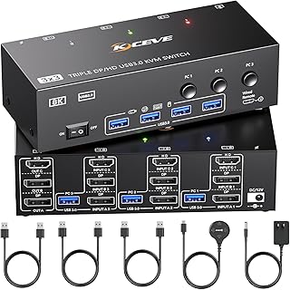 KVMスイッチ 3モニター 3コンピューター 8K@60Hz、ANGEET HDMI Displayport トリプルモニターKVMスイッチ、キーボードマウスプリンター用USB3.0ポート4つ付きモニターKVM、有線リモートと電源アダプター付属