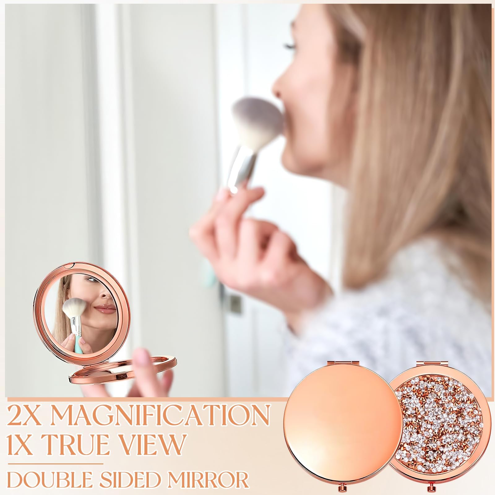 OJMHD 12 Pcs Compact Mirrors for Purse, 1X / 2X Magnifying Makeup Mirror Bulk for Gift, Small Folding Pocket Mirror with Diamond for Travel Women Girls Bridesmaid Gift, Rose Gold - Image 4