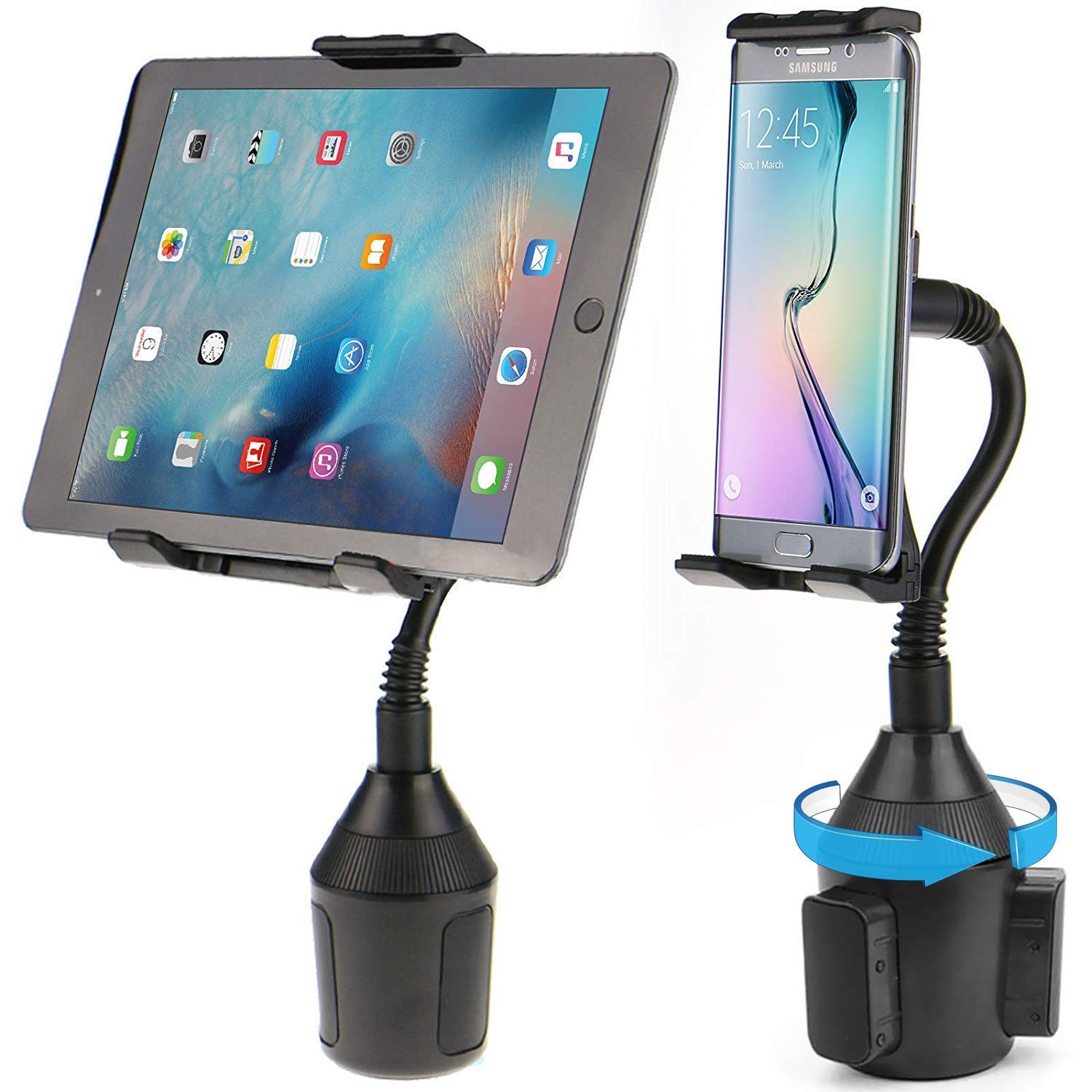 SUNJOYCOTablet Holder for Car, iPad Truck Mount Gooseneck Cup Holder Tablet Stand Phone Holder Compatible with iPhone 12/11 Pro/11/XS Max/XR/X/8/7/SE Samsung Galaxy S20/S10/S9/S8/S7