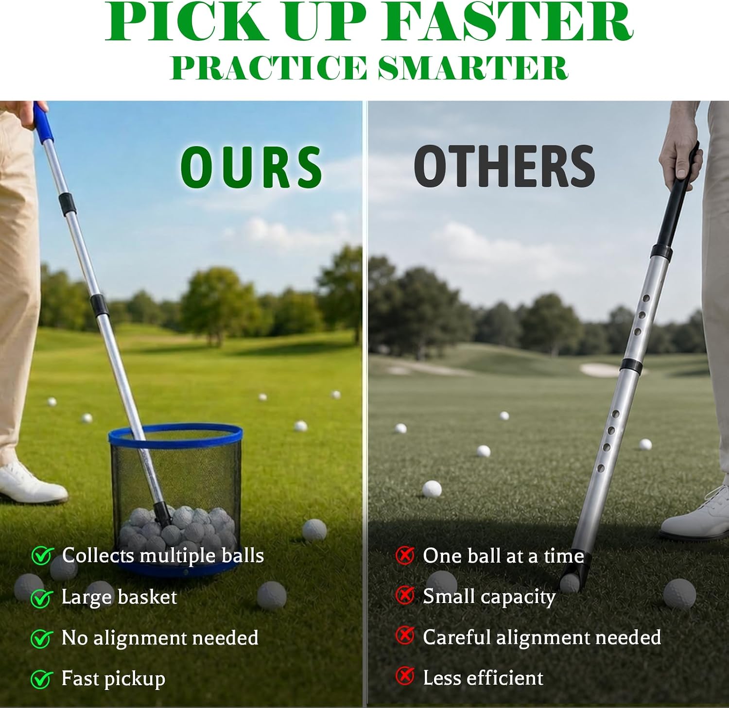 Golf Ball Picker Upper, Without Bending, 180° Adjustable Pickup Angle | Quickly Collects Multiple Balls, Large Capacity Ball Holder, Adjustable Height Pole, Great for Backyard Practice & Training