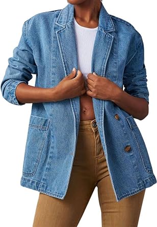 Tbahhir Women Blazer Denim Jacket Long Sleeve Casual Open Front Business Office Jean Trendy Coat with Pockets