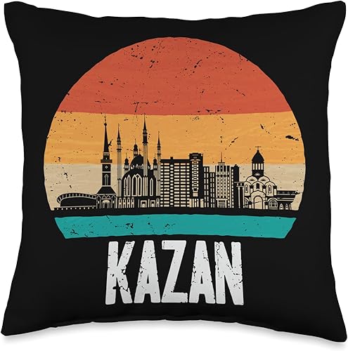 Kazan Russia Souvenirs & Gifts for Travelers Russia Retro Vintage Sunset Skyline Kazan Throw Pillow, 16x16, Multicolor