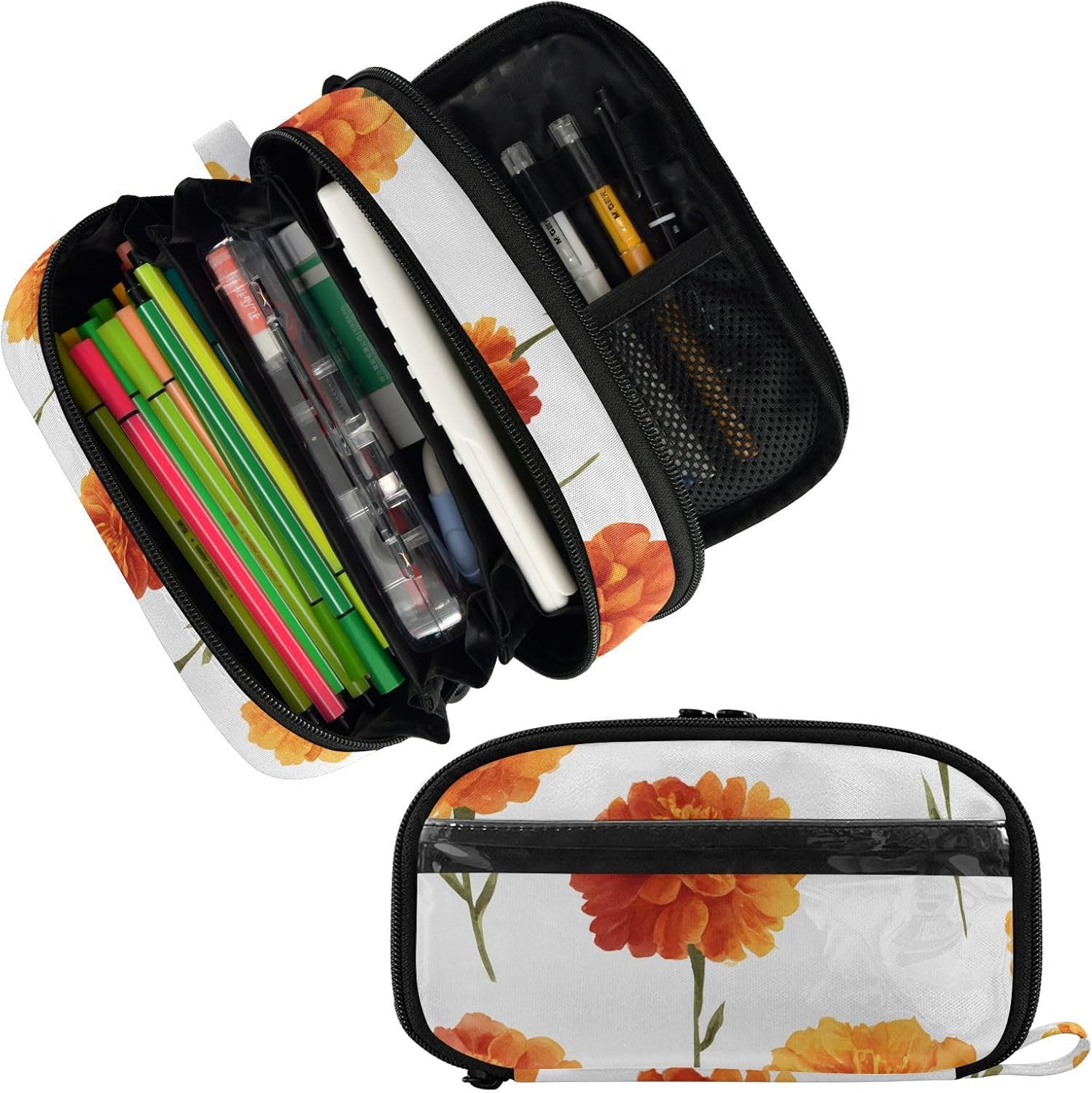 ALAZA Orange Marigold Flower Pattern Large Capacity Pencil Case, Aesthetic Stationery Organizer Bag with Clear PVC Window, High Capacity Pen Pouch with Dividers for School Office Travel image 2