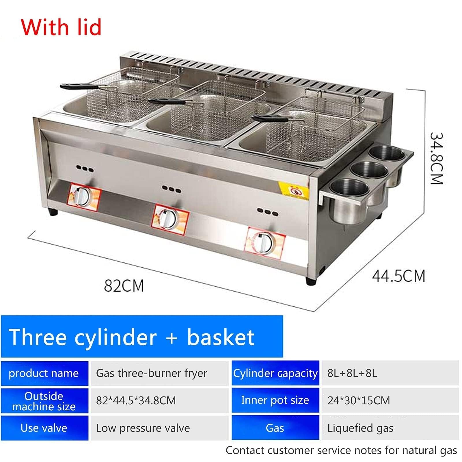 Friggitrice a gas di grande capacità in acciaio inossidabile, friggitrice GPL domestica e commerciale, fiamma regolabile, completa di cestelli e coperchi, per patatine, ciambelle e pesce(8L+8L+8L)