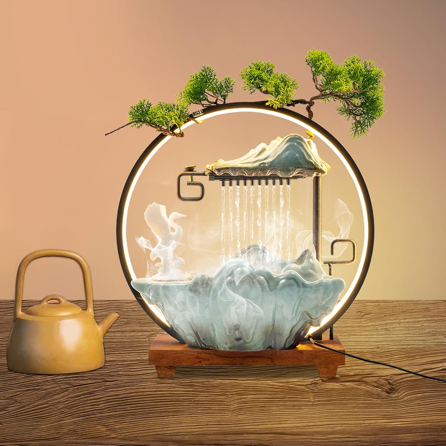 Tabletop Water Fountain with LED Light Ring, Indoor Waterfall Mist Desk Fountain Humidifier, Relaxation Desktop Fountain Decor with Atomizer Incense Holder, Rockery 13.8 * 5.5 * 15 in