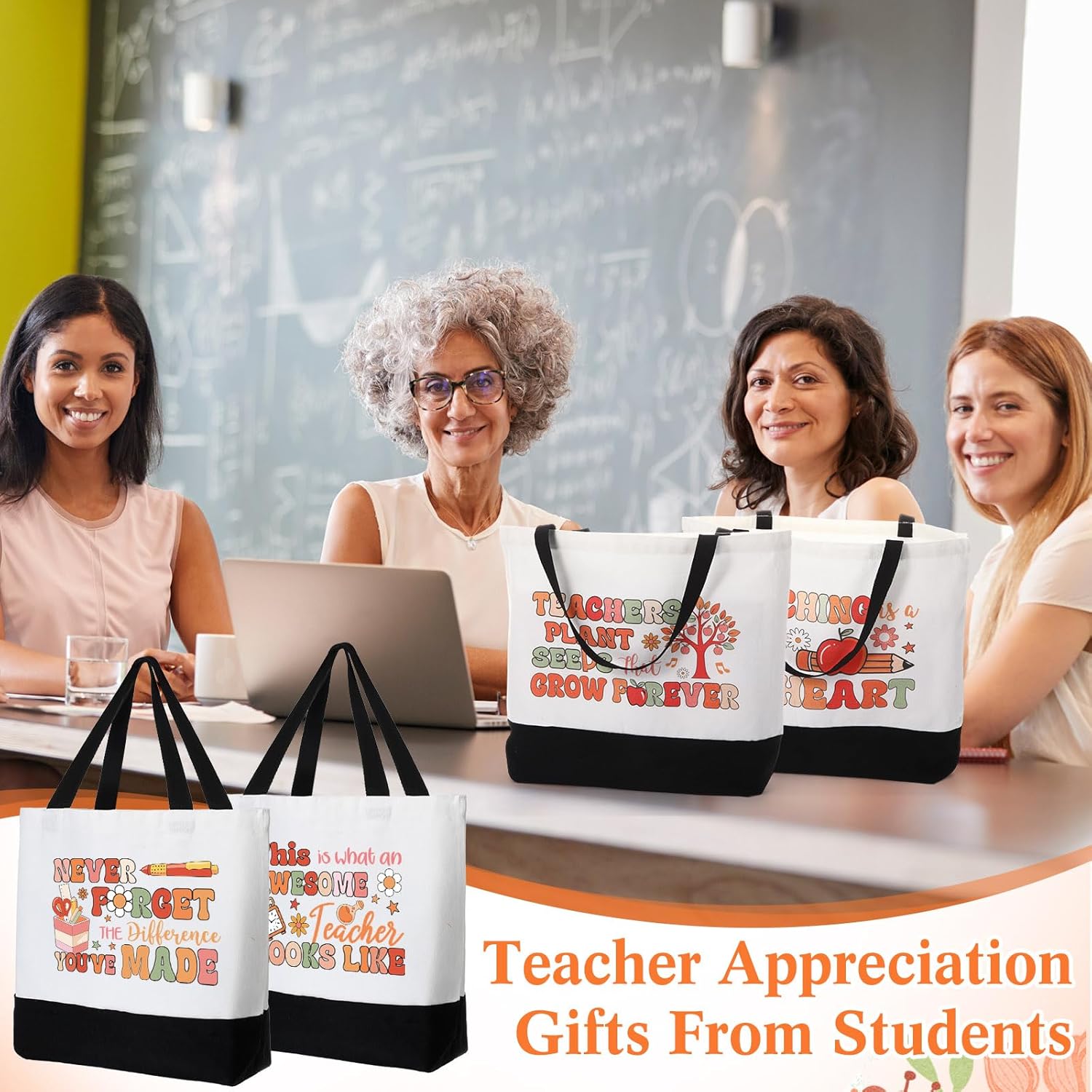 Sweetude 8 Pack Teacher Appreciation Bag Canvas Tote Bag Bulk Rainbow Teachers Day Thank You Gifts Graduation