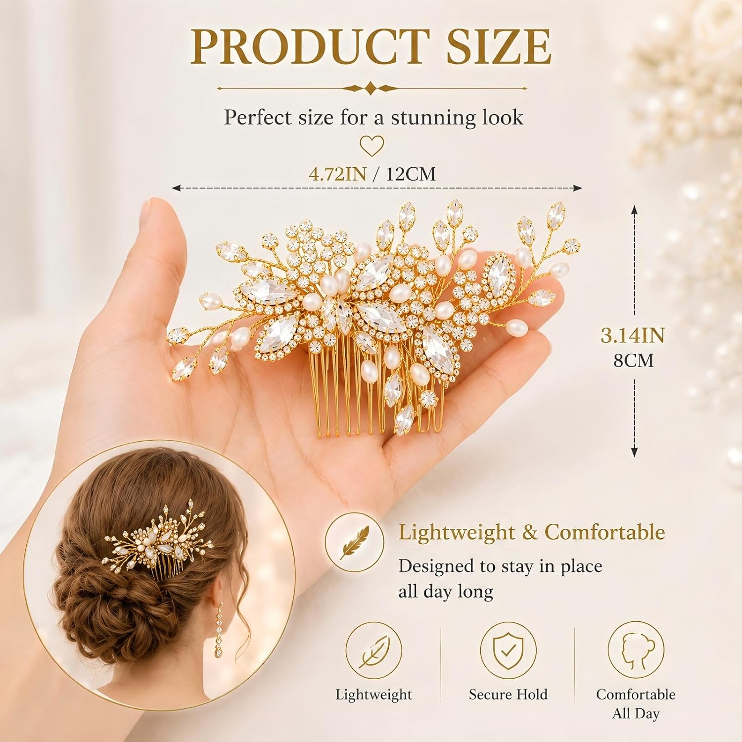 Gold Rhinestone Pearl Bridal Hair Comb – Crystal Side Hair Piece, Wedding Hair Accessories for Bride and Bridesmaid