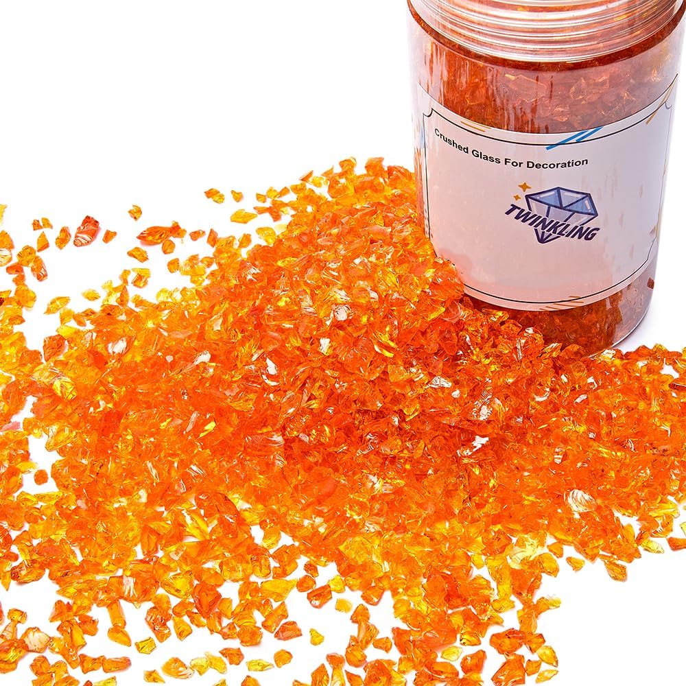 TWINKLING High Luster Fire Glass Gravel Stone Rocks Glitter 5LB,Shattered Broken Glass,Fire Gems Chips,Crushed Glass for Fire Pit Crafts Resin Art Aquarium Gravel Garden Decoration,3-6mm (Orange Red)