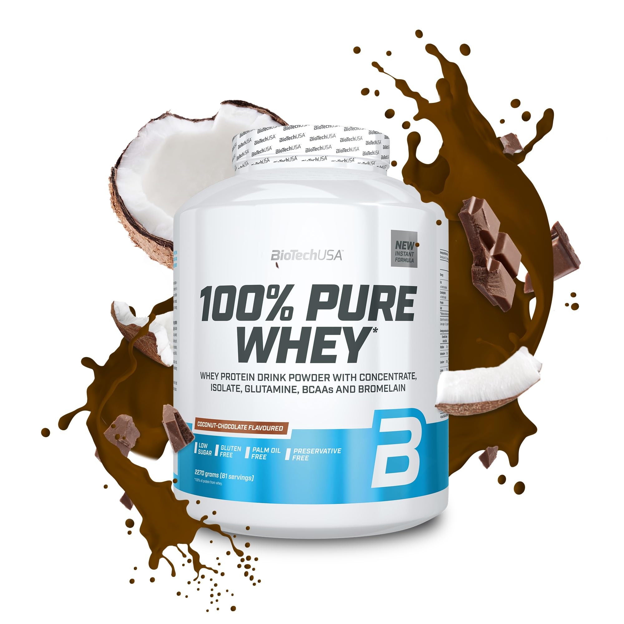 BioTechUSA100% Pure Whey | Protein Powder with BCAA and Glutamine | Gluten-Free, Palm Oil Free | 21g Protein per Serving, 2.27 kg, Coconut-Chocolate