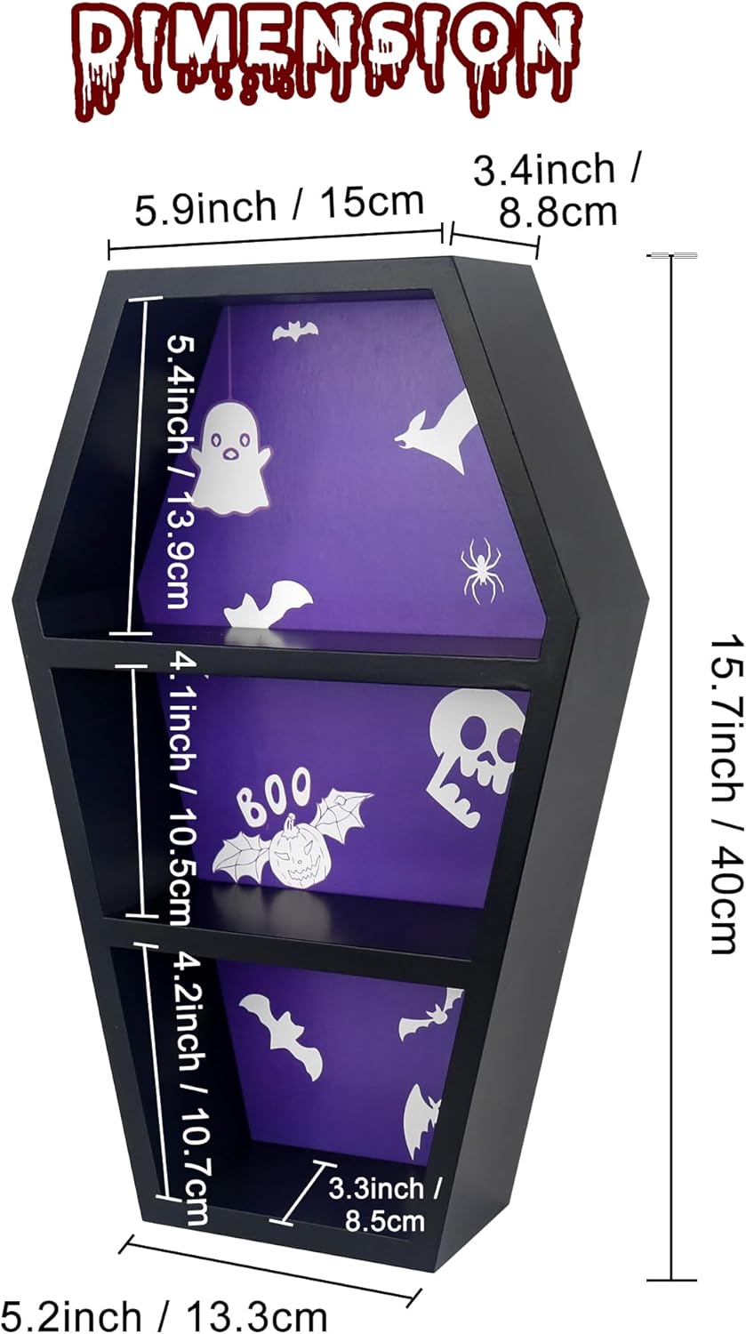 Coffin Shelf, Wooden Goth Spooky Wall Decor for Home,Black Hanging Wooden Shelf for Display or Storage of Makeup, Shot Glasses, Rocks, Books,Curiosities,15.7" Tall