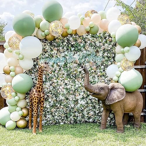 Sweet Baby Co. Kit de arco de guirnalda de globos verde salvia con eucalipto oliva, melocotón, globos dorados y vegetación para safari en el bosque,