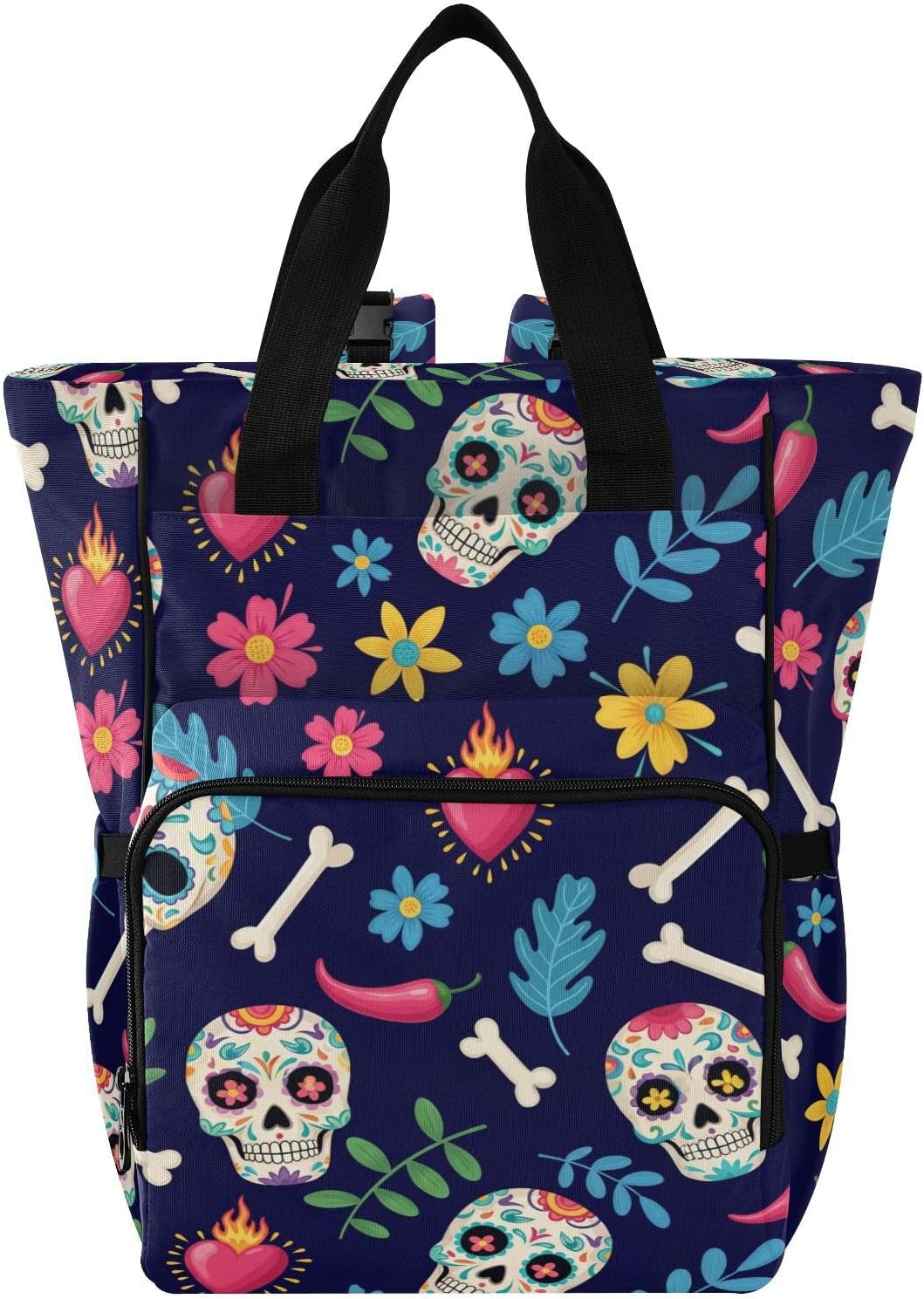 Dead Skulls Flowers Blue Pattern Diaper Bag Backpack for Baby Boys Girls Multifunction Baby Essentials Travel Tote with Stroller Straps & Bottle Storage Maternity Travel Bag for Dads Moms Baby