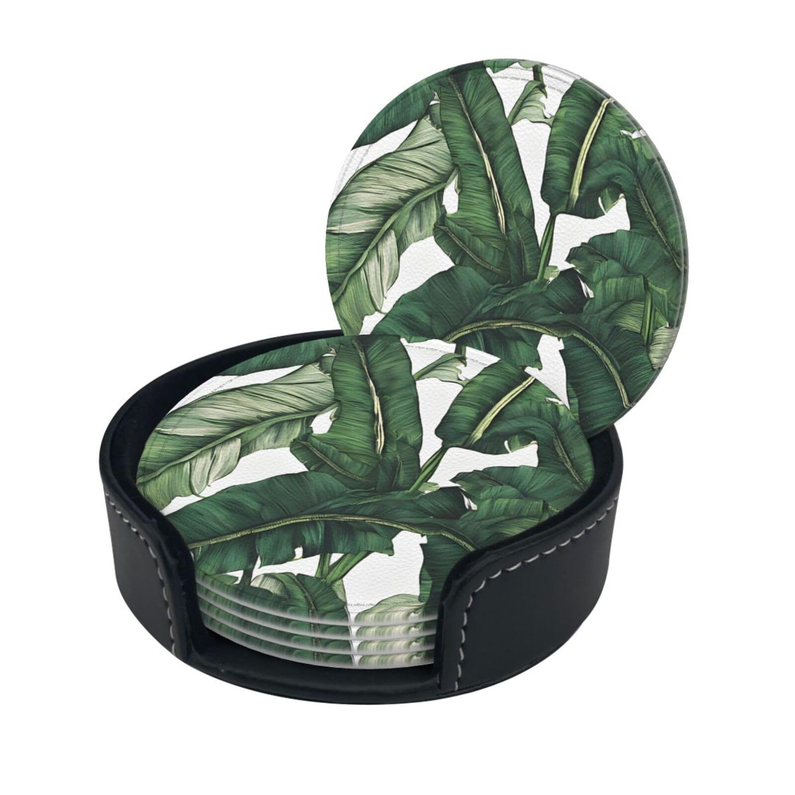 Tropical Banana Palm Leaves Printed Leather Coasters (6-Pack) - Heat Resistant Drinks Cup Mat Pad for Home and Office Decor