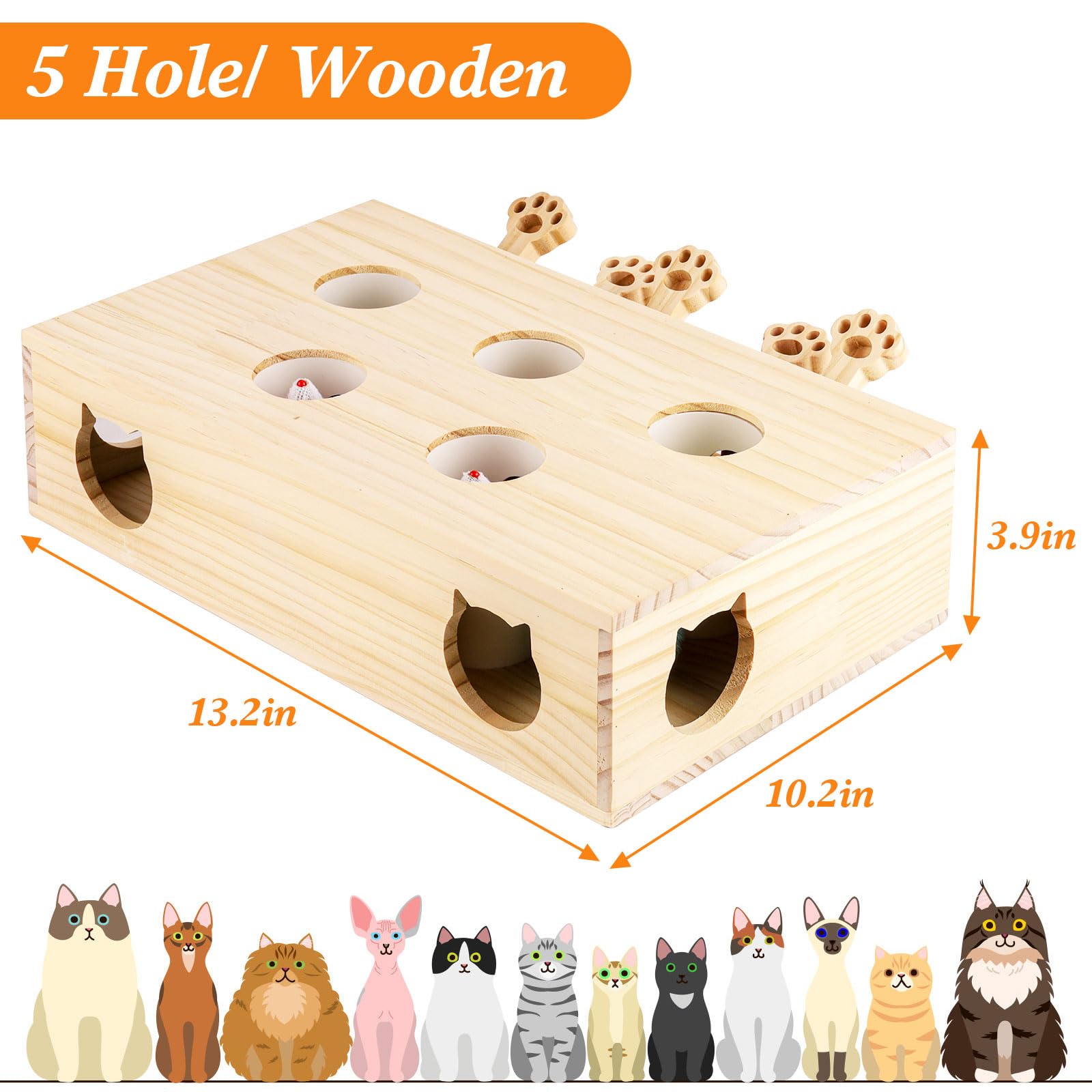 Interaktives Katzenspielzeug Holz Spielzeug, Maulwurf Maus, Puzzle Box mit Spielzeugen für Katzen, Jagd, Spielen, Trainieren Kratzen 5 Löcher perfekt für Indoor-Übung und Spaß (Holzfarbe)