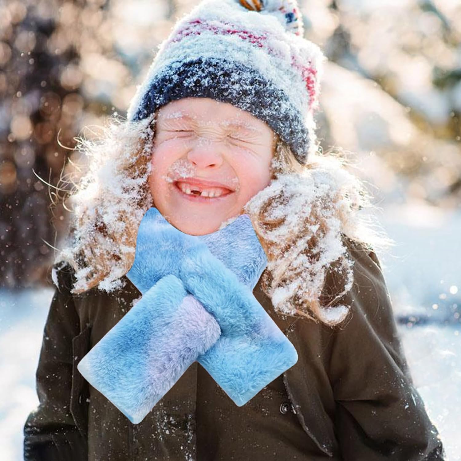 Kids Toddler Scarf Winter Rainbow Scarf Gradient Cross Tie Collar Fluffy Fur Plush Scarves Neck Warmer for Girls Boys