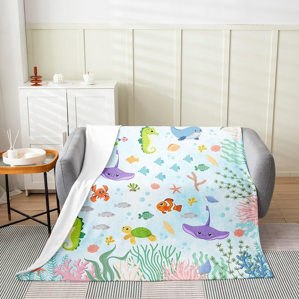 jejeloiu Ocean Fleece Throw Blanket Baby 30"x40" Kids Marine Life Sea Flannel Blanket Plush Fuzzy for Boys Girls Teens Seahorse Seaweed Breathable Soft Sea Underwater World Room Decor